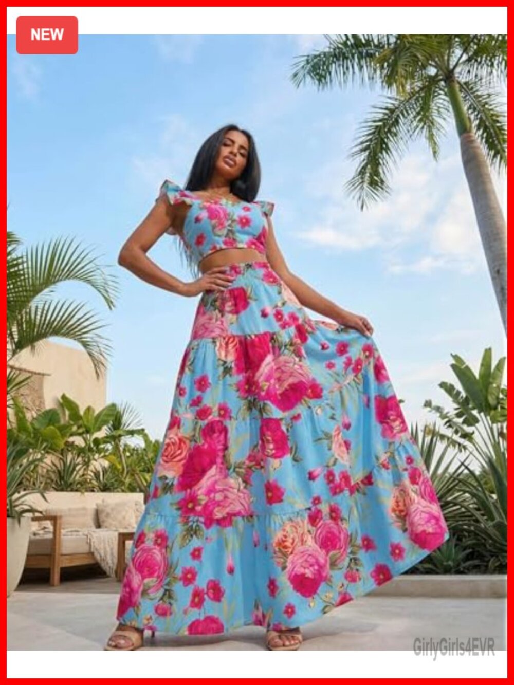 2 Piece Maxi Skirt Set Boho Floral Crop Top Summer Vacation Outfit - Picture 3 of 6